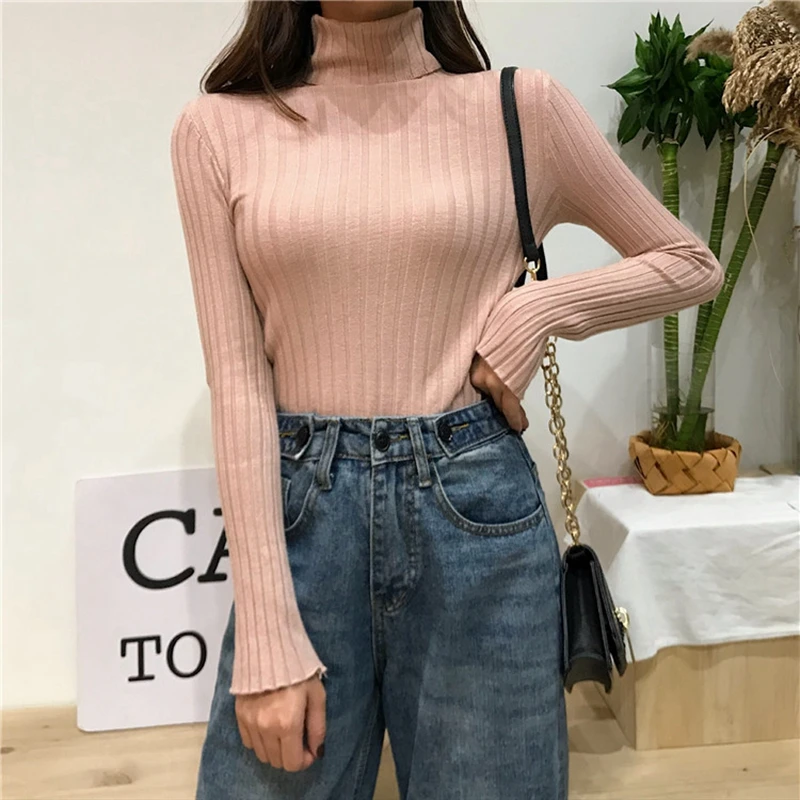 Женский базовый свитер TingYiLi синий бежевый белый розовый черный с высоким