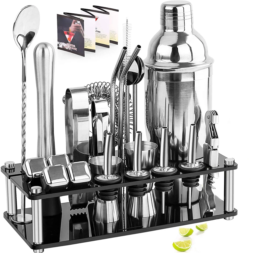 Kit de barman, juego de coctelera Boston con soporte acr&iacute;lico, cubo de hielo de acero inoxidable, para bebidas mezcladas, juego de herramientas de Martini Bar-0