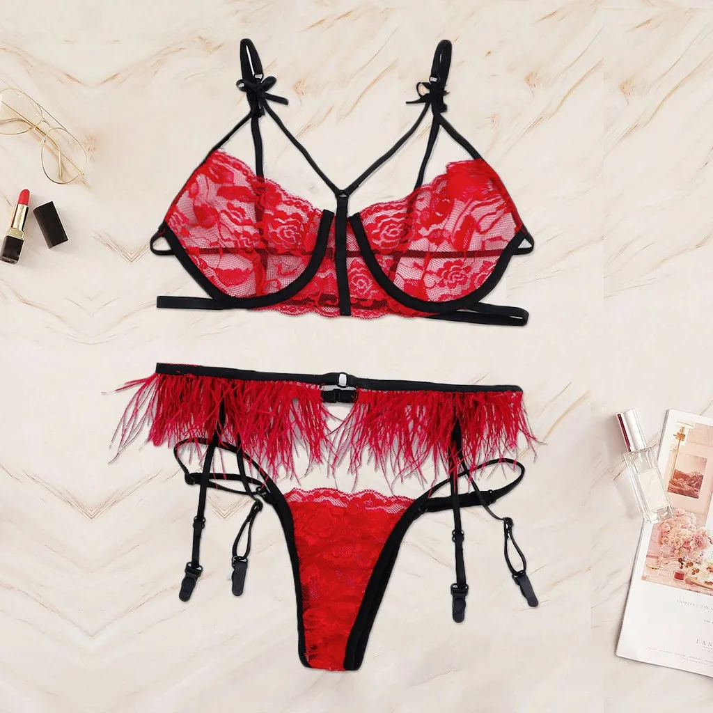 

Ladies' explosive feather element underwear lace bow sexy print solid color sling underwear feather suit 40*