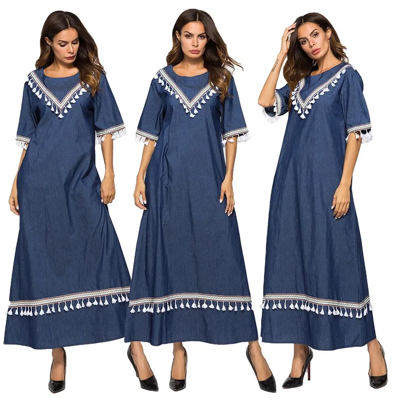 Женское джинсовое длинное платье с кисточками коротким рукавом мусульманское