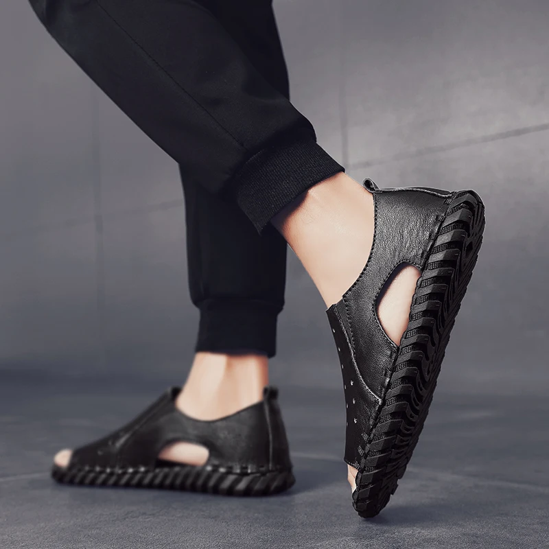 

CYYTL Men Fashion Beach Sandals Summer Leather Open Toe Shoes Platform Non-slip Slippers Hand Stiching Hommes Sapatos Masculino
