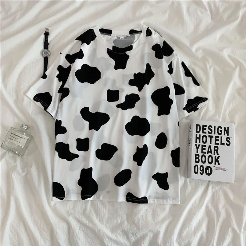 

E-BAIHUI 95% Polyester Women T Shirt Casual Kawaii Tees Top Hipster Female Harajuku Short Sleeves Shirts Woman Cows Print