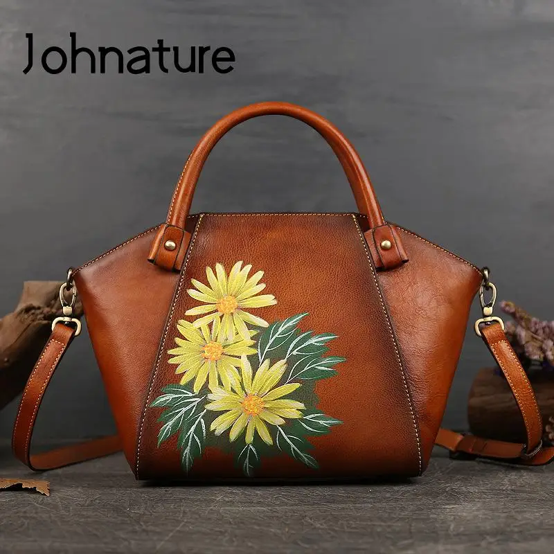 

Женская сумочка ручной работы Johnature, из натуральной воловьей кожи, универсальная, в стиле ретро, повседневные сумки на плечо, 2022