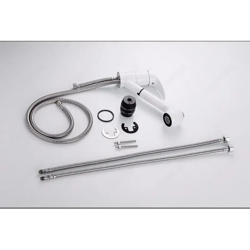 

European Style Bathroom Cold And Hot Tap Crane With Aerator 360 Rotating Pull-Out Brass Faucet White Spray Painting Bath Sink