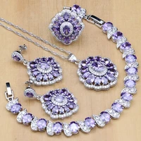 925 silver bridal jewelry purple cz white zircon jewelry sets for women wedding earringspendantringbraceletnecklace