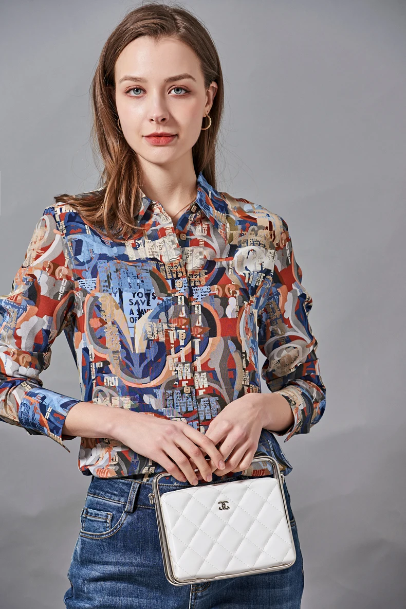 

100% Natural Silk Women's Runway Shirt Turn Down Collar Letters Printed Long Sleeves Blouse Tops
