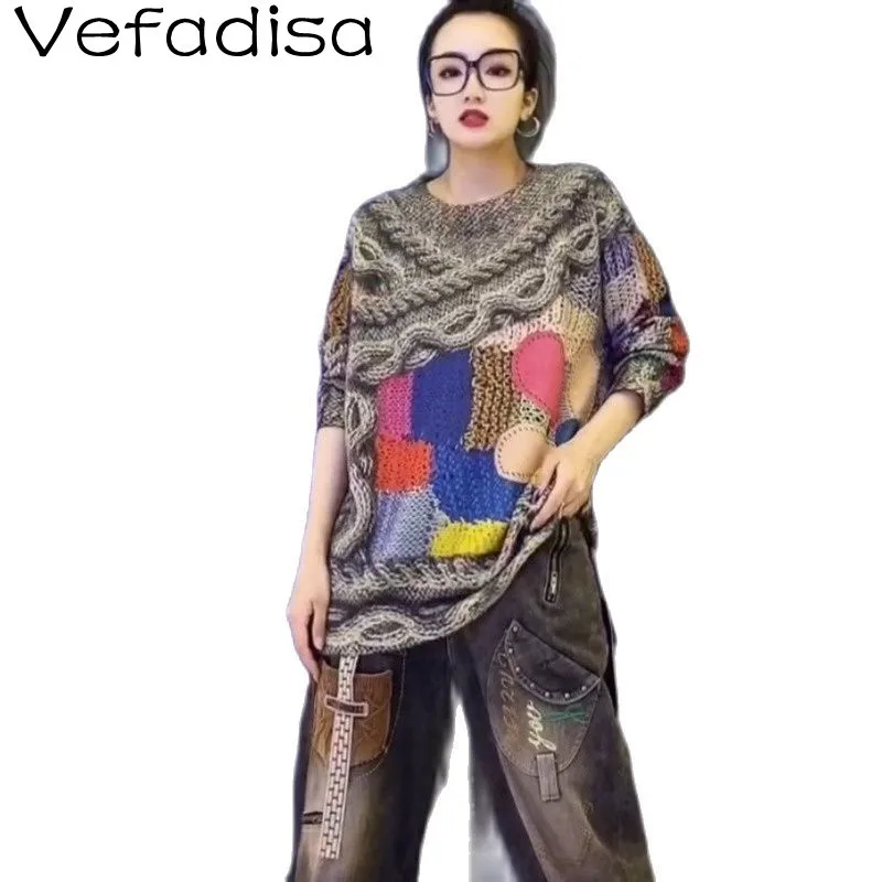 

Vefadisa 2021 Autumn New Retro Printed Round Neck Pullover Sweater Women Loose Slim Mink Wool Knitted Women's Sweater ZWL1601A