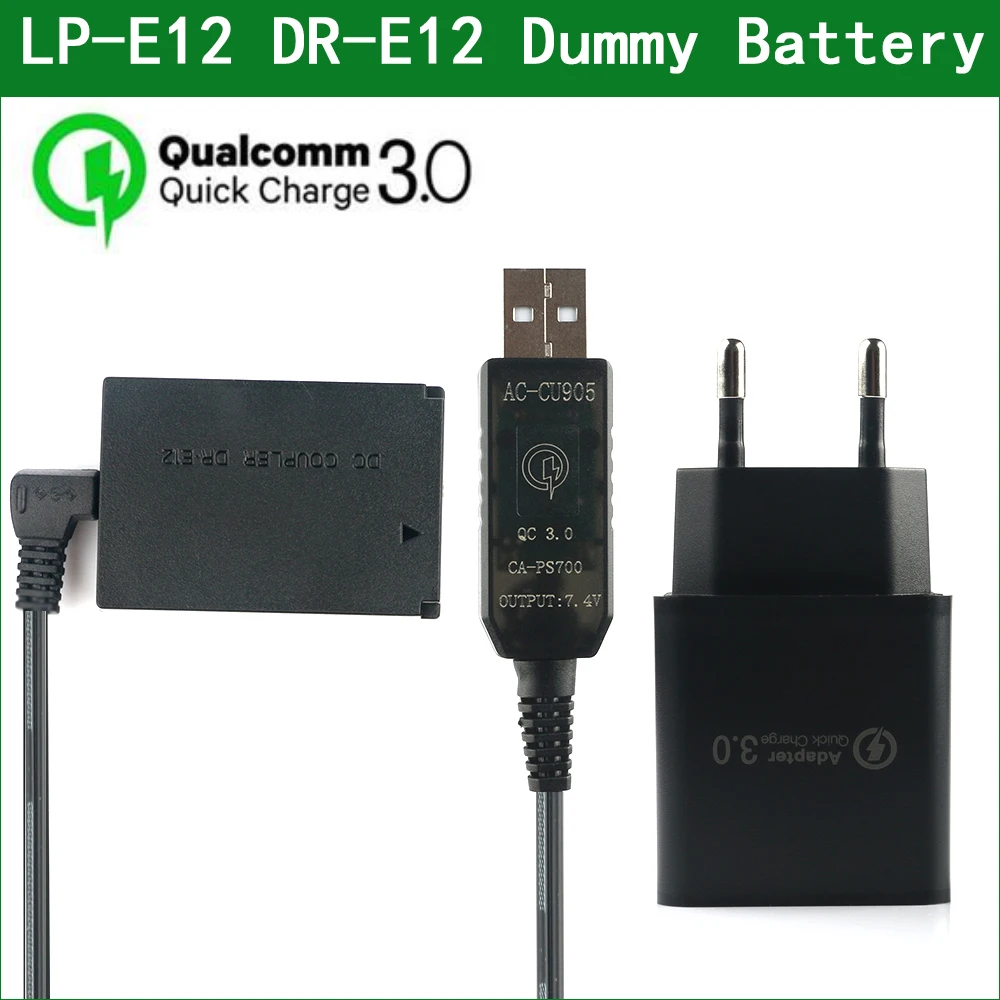 QC3.0 USB TO LP E12 LPE12 ACK-E12 DR-E12 Dummy Battery&DC Power Bank USB Cable for Canon EOS M M2 M10 M50 M100 M200