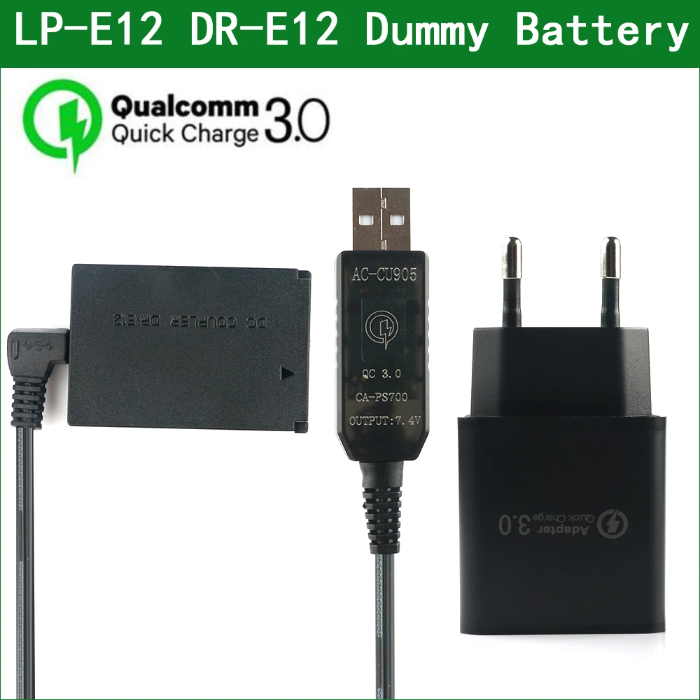 Usb para lp Usb para Canon Manequim Bateria & dc Power Bank Cabo Eos m m2 M10 M50 M100 M200 Qc3.0 E12 Lpe12 Ack-e12 Dr-e12