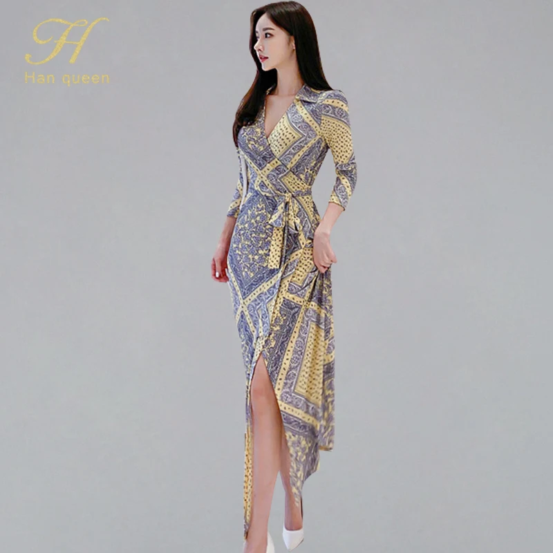 H Han queen/3/4, длинный рукав, на шнуровке, с принтом, длиной до щиколотки, женское платье,, Осенние сексуальные платья с v-образным вырезом, новые богемные платья с разрезом
