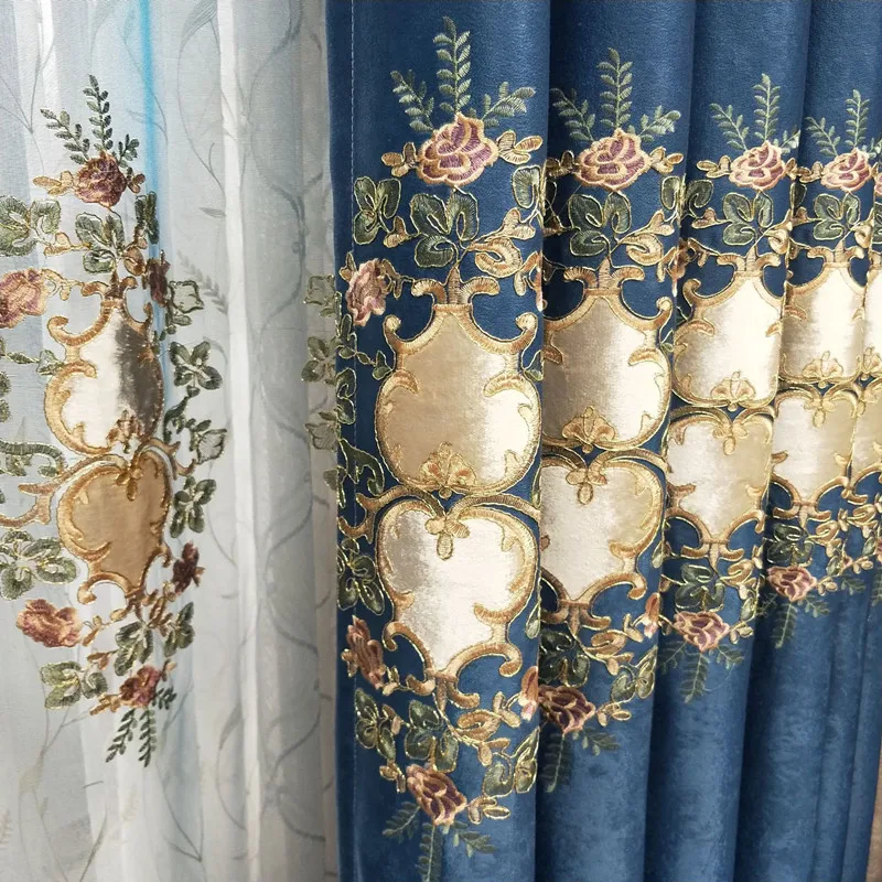 Европейская вышивка Синяя Высокая затемненная занавеска для спальни кухни