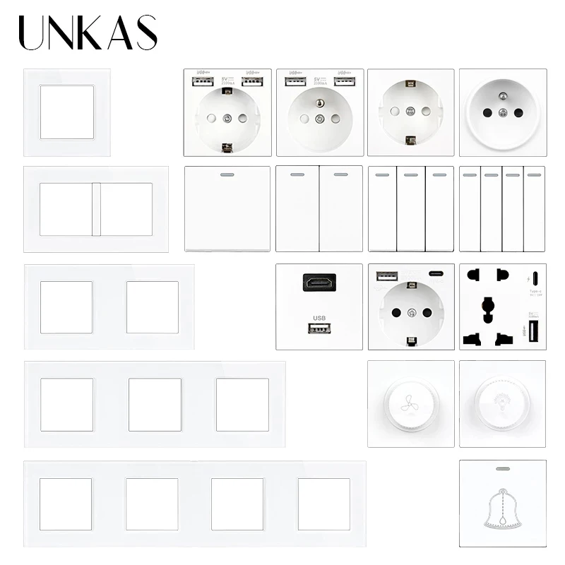 

UNKAS White Glass Panel DIY Free Combination French EU Socket Type C Dual USB 1 2 3 4 Gang 1/2 Way On/Off Push Button Switch