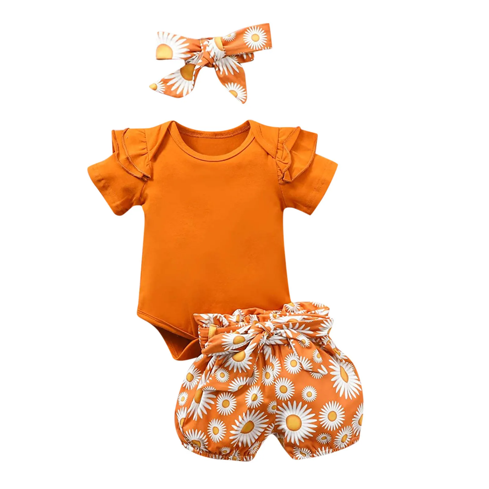 

ins solid color children's triangle short-sleeved romper three-piece small daisy print cotton shorts girls summer suit