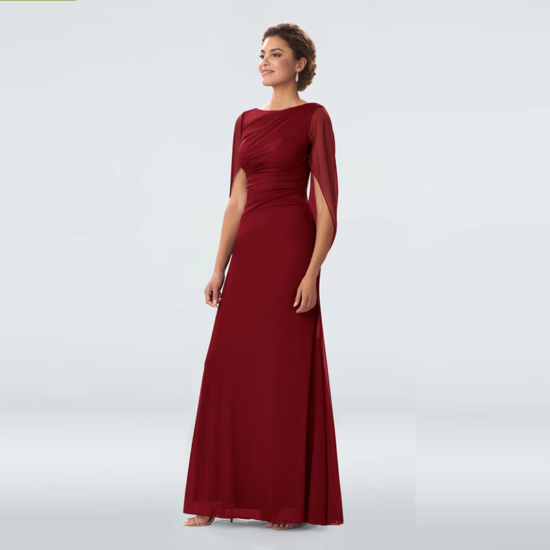 

Latest Design Dark Red Chiffon Mermaid Mother of the Bride Dresses Short Sleeve With Cowl Back Wedding Guest Gowns Back Out