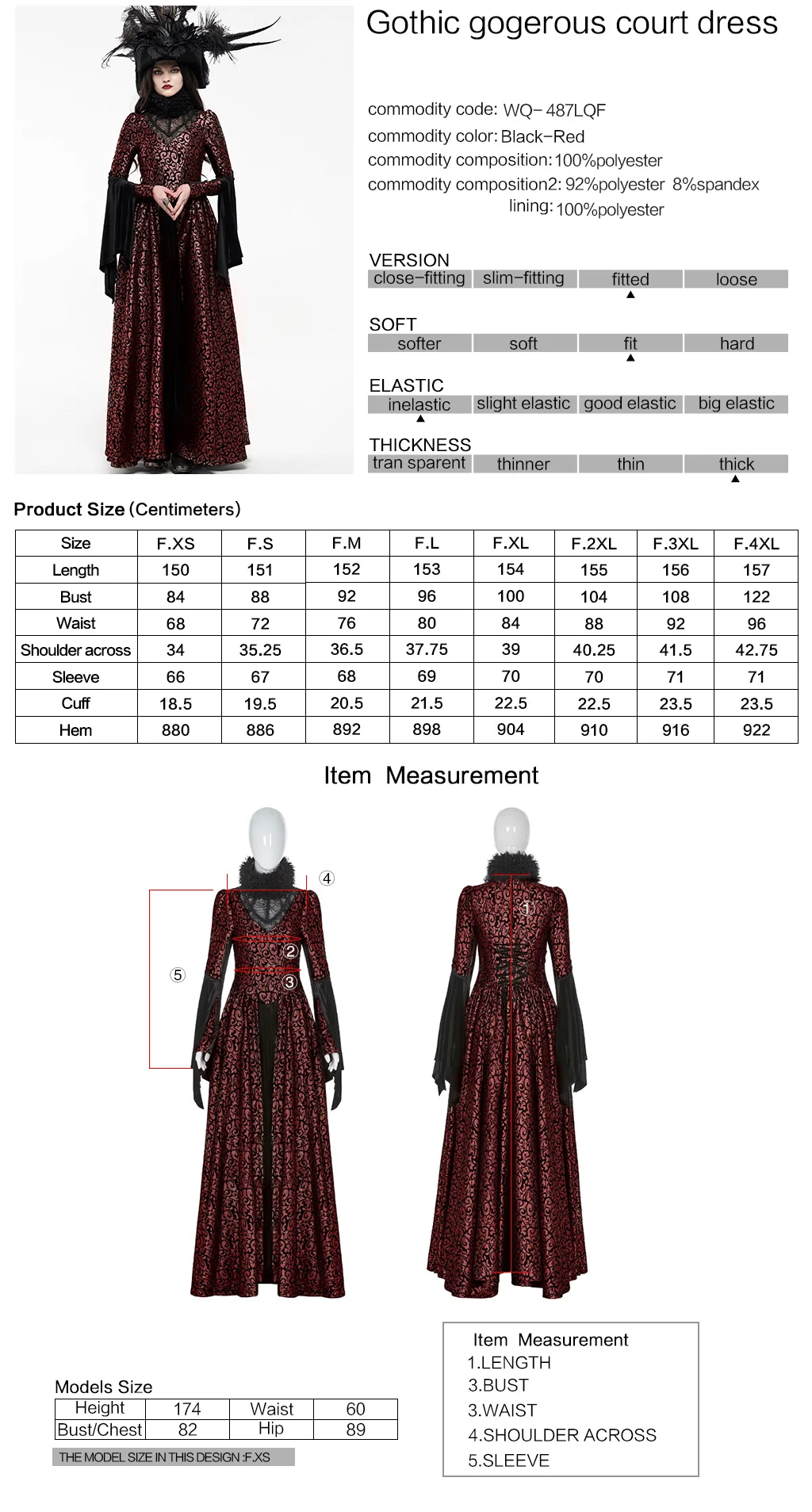 

PUNKRAVE Women's Gothic Gogerous Court Long Dress Victorian Exquisite Removable Turtleneck Fur Collar Party Banquet Gown