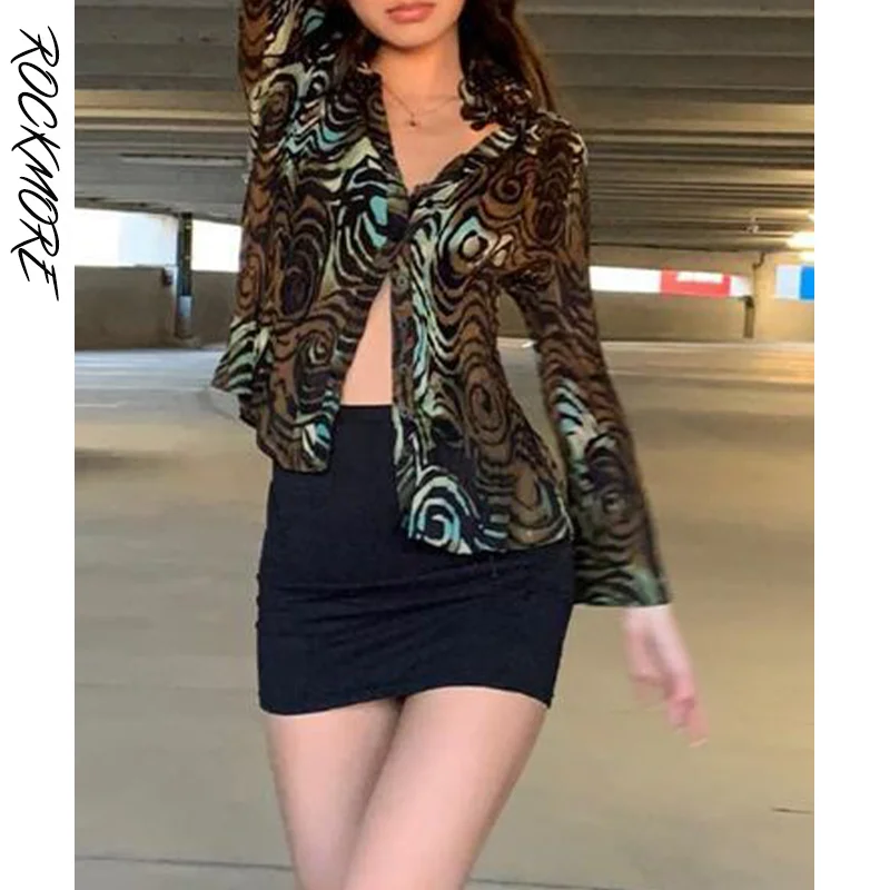 

Rockmoer Brown Leopard Blouse Shirt Single Breasted Women Crop Top Summer Button Up Long Sleeve Shirts Vintage Streetwear Tee