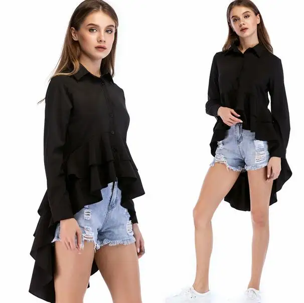 Black Cascading Ruffle Shirt Women 2020 Spring Autumn Lapel Top Female Long Sleeve Vintage High Low Blouse DW27 | Женская одежда