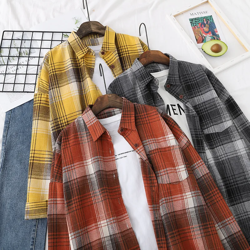 

Retro Hong Kong style single pocket Plaid Shirt women's spring Korean loose long sleeve shirt jacket thin top X830