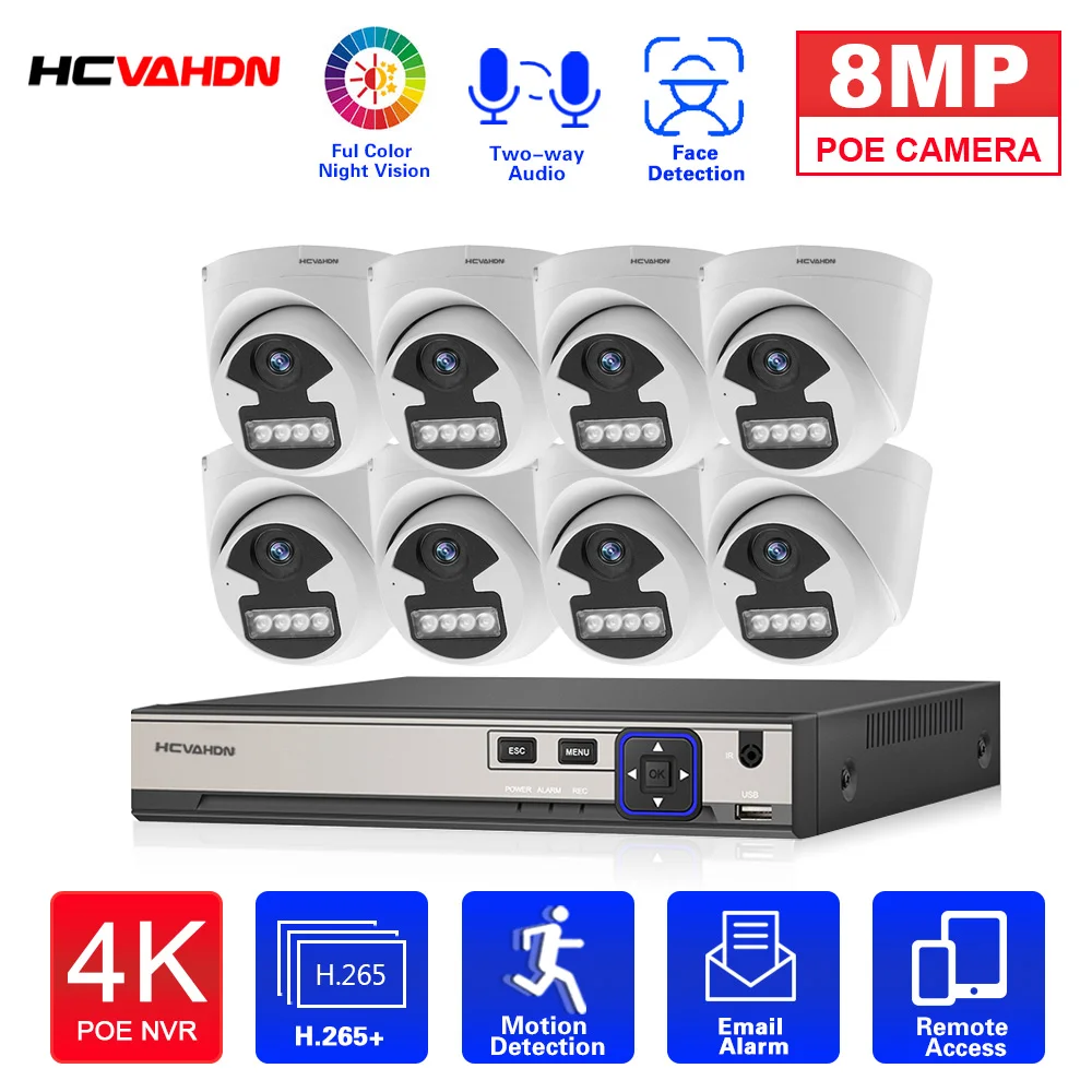 

8MP POE Color Night Vision Security Camera System 4K NVR Kit Face Detection Two-way Audio IP Dome Camera Video Surveillance Kit