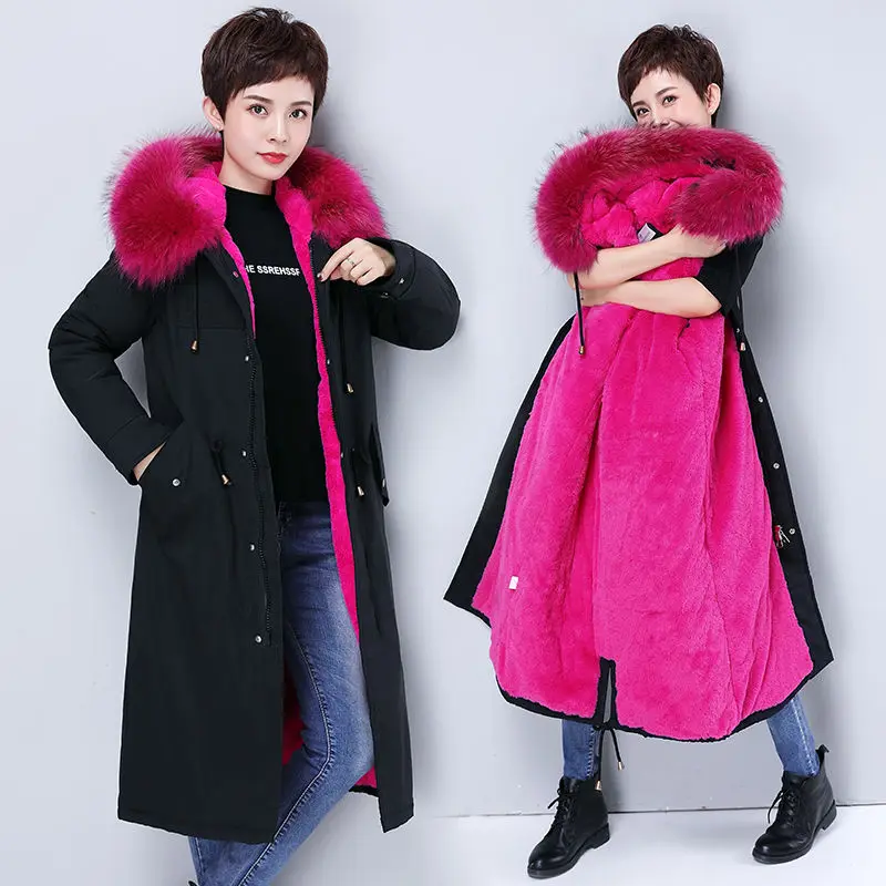 Parka Coat Long Winter Jacket Women Warm Big Fur Plus Size Female Lady Overcoat Outwear Clothes Black Windproof Tops Hat