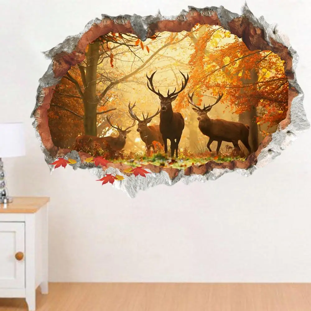 

50*70CM 3D Broken Wall Elk Forest Living Room TV Background Wall Decorative Wall Sticker Mural