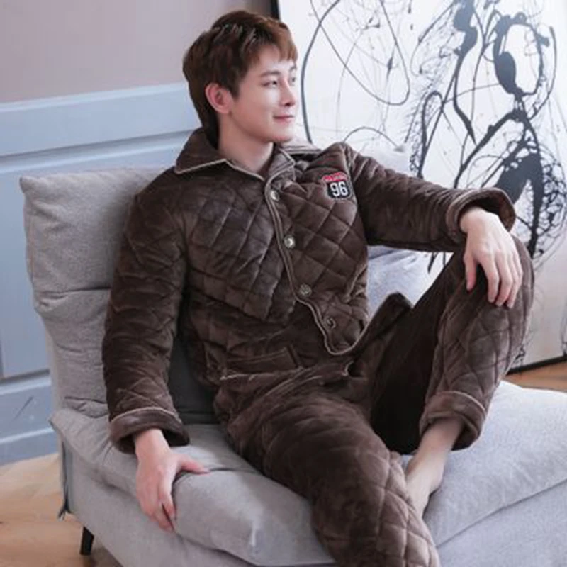 SAMWESTART Men's Stain Silk Pajama Sets Winter Thicken Men Pajamas Nightwear Men Sexy Modern Cardigan Style Home Outwear Leisure