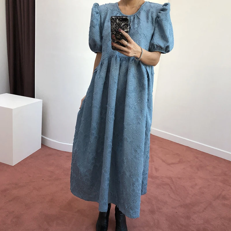 

white summer woman dress v neck High Waist Korean style Casual dresses for women Puff Sleeves Oversized long vestidos 2021