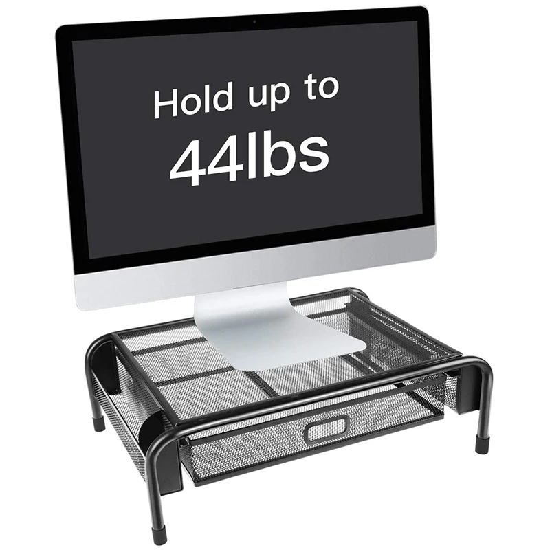 

Monitor Stand, Mesh Metal Printer Stand, with Drawers and Side Compartment Pockets, Can Hold Computers, Laptops, Pens