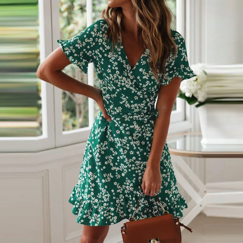

2021 New Chiffon Sexy V Neck Retro Floral Print Ruffle Short Sleeve Summer Boho Beach Dress A-line Mini Wrap Sundress Dress