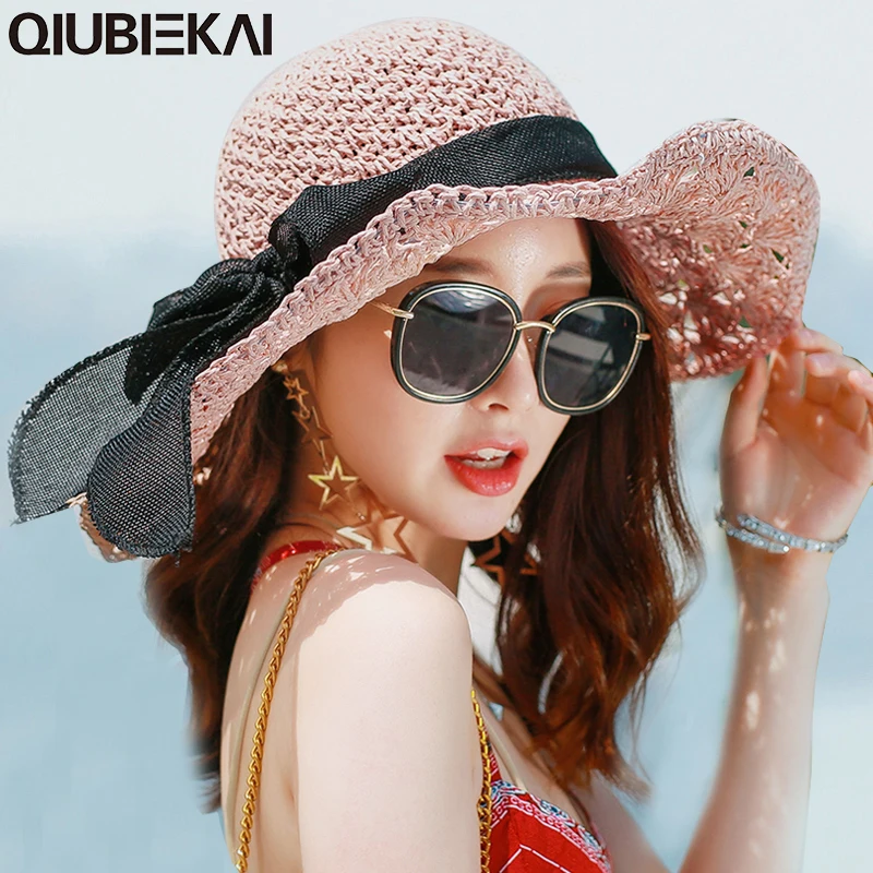 

Fashion Lady Straw Hat Women Summer Sun Visor Bucket Cap Bow Ribbon Cap Woven Wide Brim Hat Straw Foldable Bohemia Beach Hat