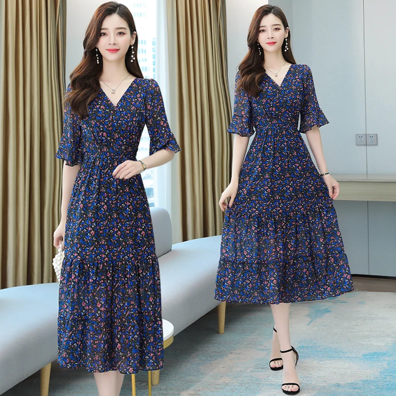 

Women Dresses Summer2021Vestido Midi Floral Chiffon Casual Robe Blue Beach Ete Femme Chic Mujer Ruffle Longue Femme Vestidos