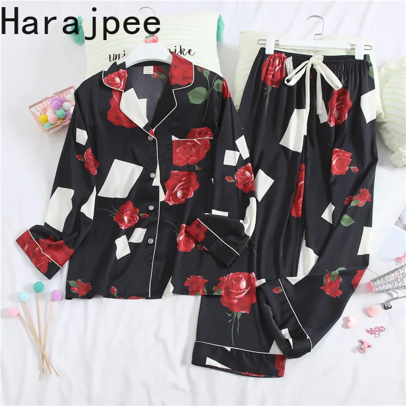 

Harajpee Printed Pajamas Women's Long Sleeves Autumn New Homewear Thin Pajama Women's Suit Simple Fashion Lapel Home Clothes