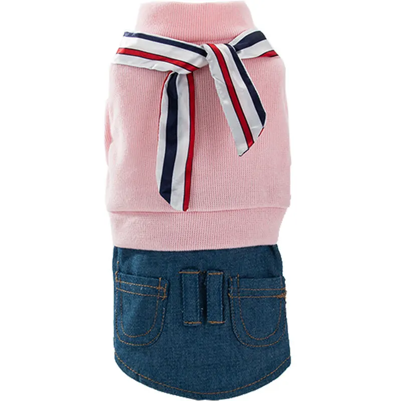 

Cat Clothes Roupa Para Gato Vetement Chat Ubranie Dla Kota Blue Jean Jacket Dress Two-legged Clothing Thin Sweater Skirt 2020