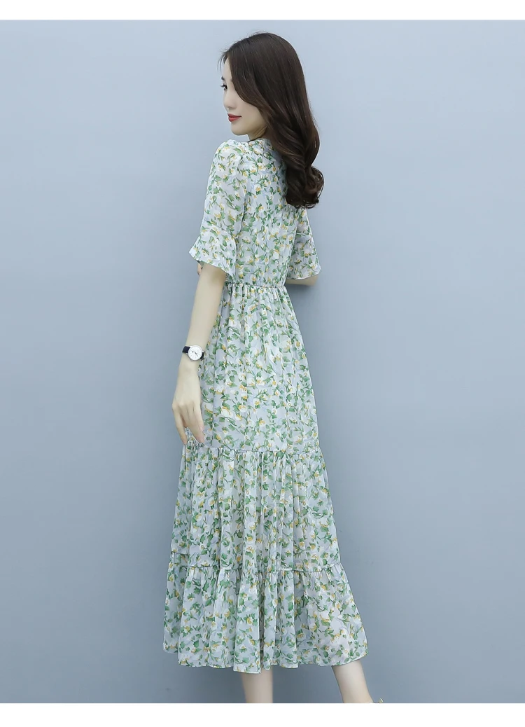 

Women's Dresses Plus Size Loose Print Lady Dress New V-neck Fashion Casual Dresse Mid-Calf Chiffon Short Sleeve A-LINE Houthion