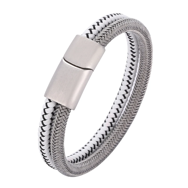 

New Fashion Double Braided Leather Bracelet for Men Stainless Steel Magnetic Buckle Charm Handmade Wristband Male Jewelry SP1068