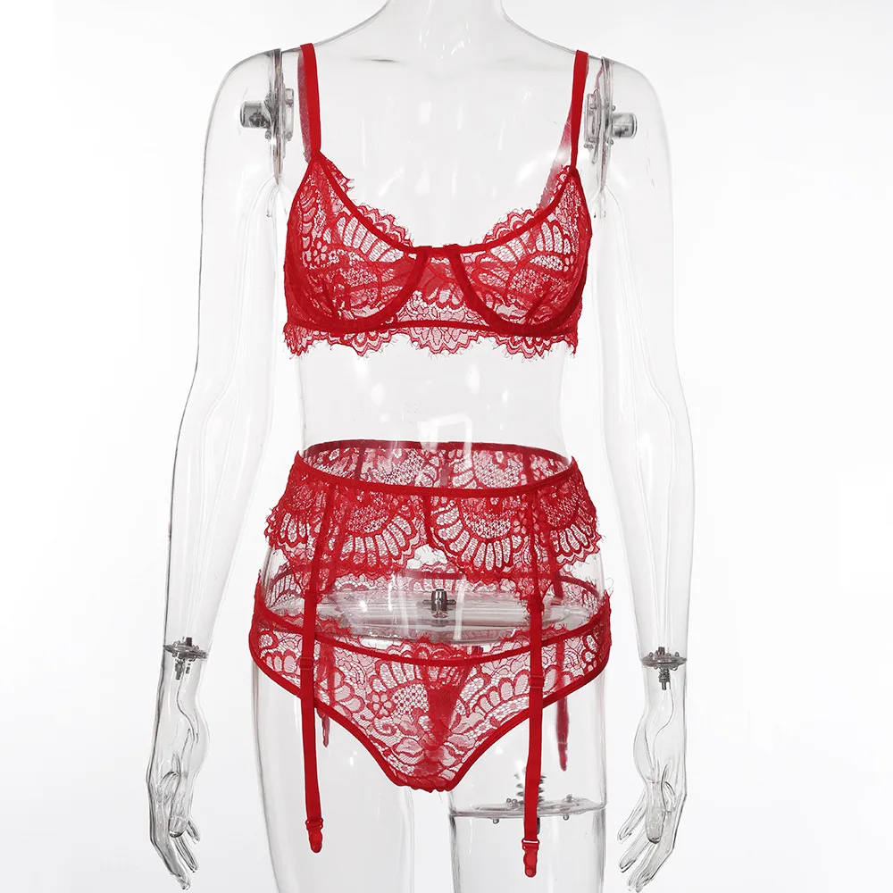 

Sexy Exotic Lingerie 3 Pieces Set Women Transparent Bra See Through Panties Garter Belt Lace Lingerie Briefs Femlae Hot Clothing