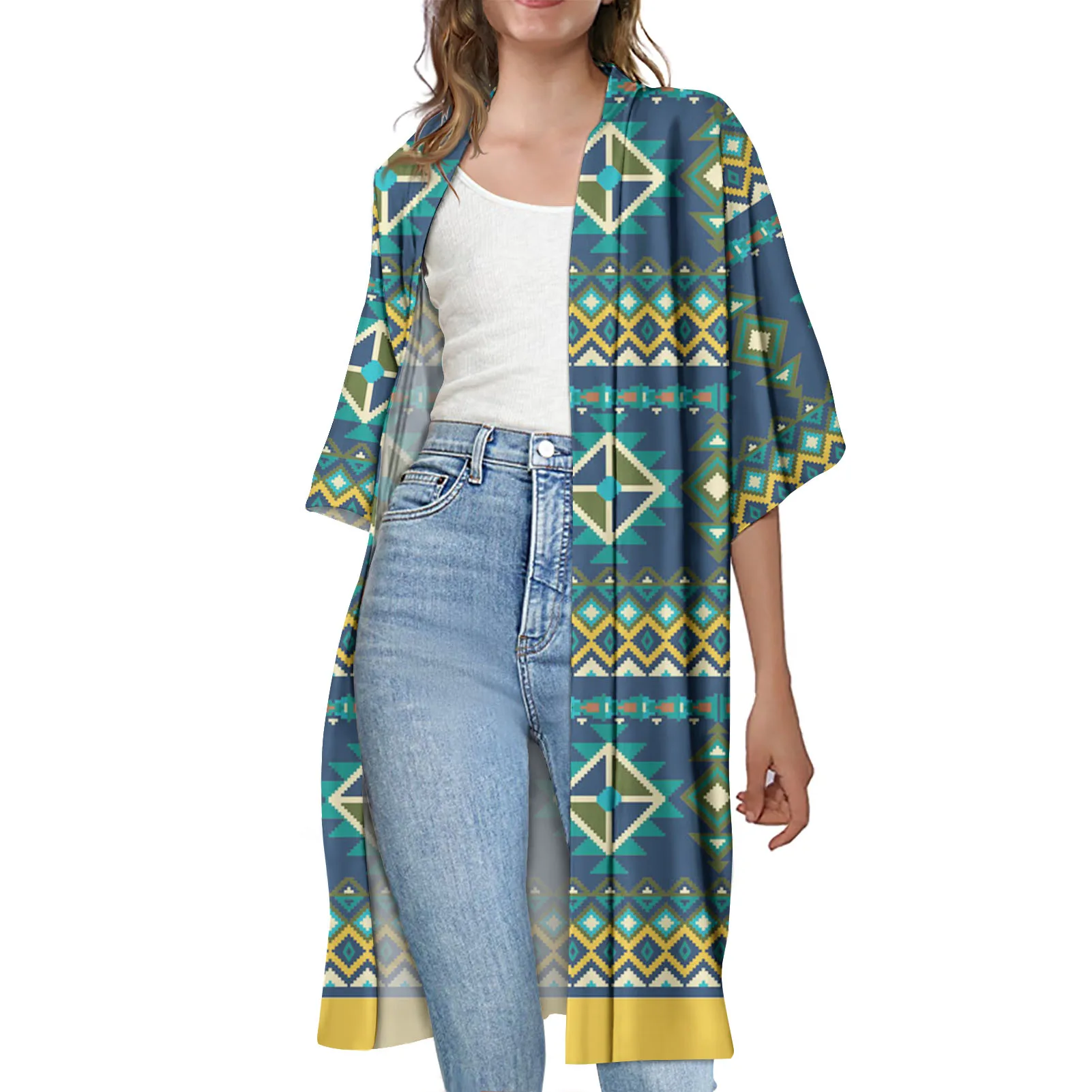 

Green Navajo Pattern Cardigan Lightweight Classic Casual Coat Outwear Women's Open Front Short Sleeve Cardigan Aztec Plus Size