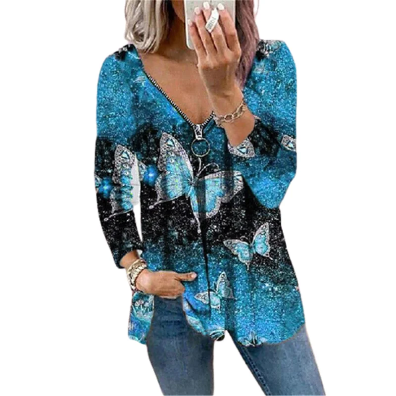 

Женская футболка с длинным рукавом, V-образным вырезом и принтом бабочки