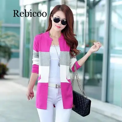 

Female Cardigan Spring And Autumn Long Knitted Spell Color Stripe O Neck Slim Thin Coat Plus Size Sweater Women