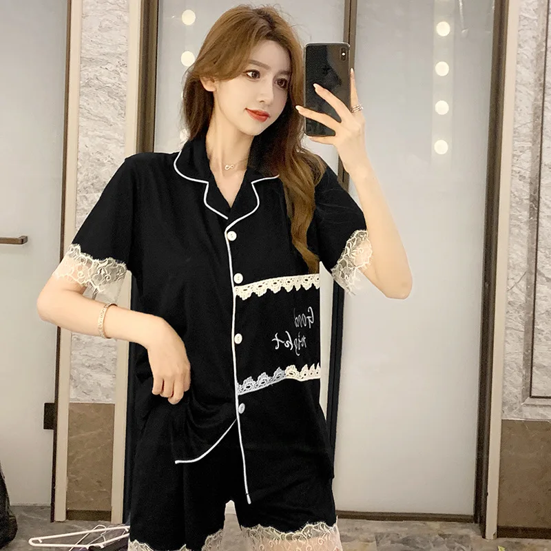Goodnight Nightwear Summer New Cardigan Lace Pajamas Set Women's Loose Fitting Housewear Lady Sleepwear Female Nightgown