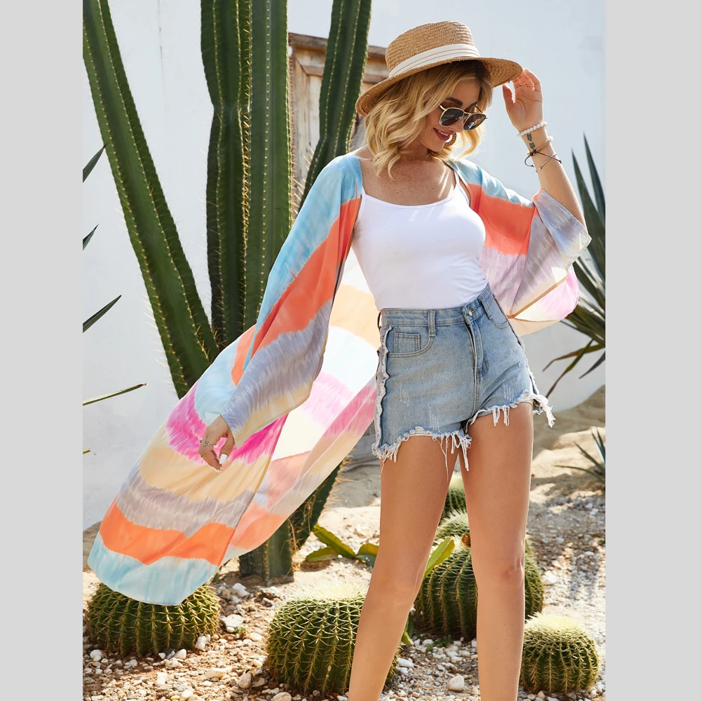 Summer Maxi Kimono New Trend Tie-Dye Striped Duster Cotton Rainbow Coat Casual Breezy Swimwear Coverup Women Vigorous Cardigans |