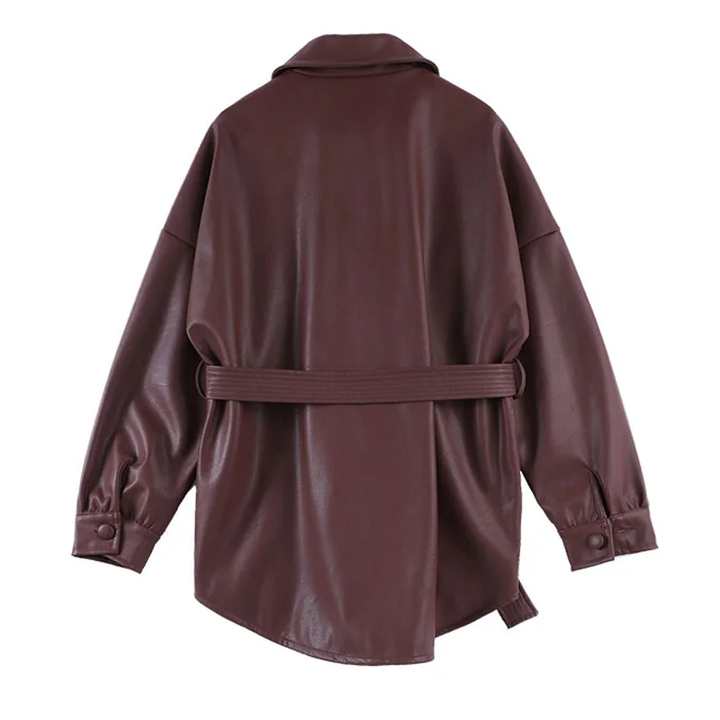 

Ly Varey Lin Autumn Women Loose Pu Faux Soft Leather Jacket Female Motorcycle Single Breasted Turndown Collar Overcoat With Belt