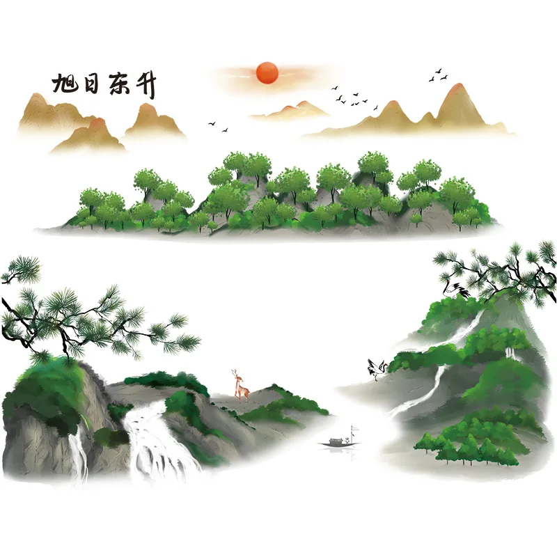 

Chinese Style Ink Landscape Wall Stickers Living Room Bedroom Decor DIY Sunrise Scenery Wallpaper Large Mural Room Decoration