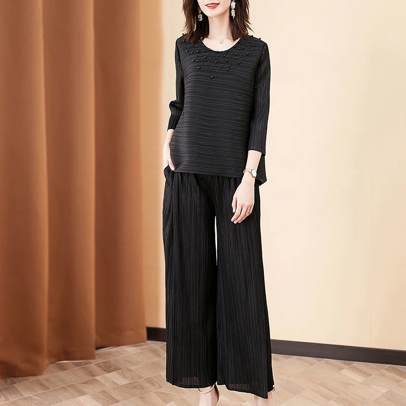 Pant Suits Plus Size Women Spring Summer Fashion Round Neck 3/4 Sleeve Beading Top + Elastic Waist Miyake Pleated Pants Set