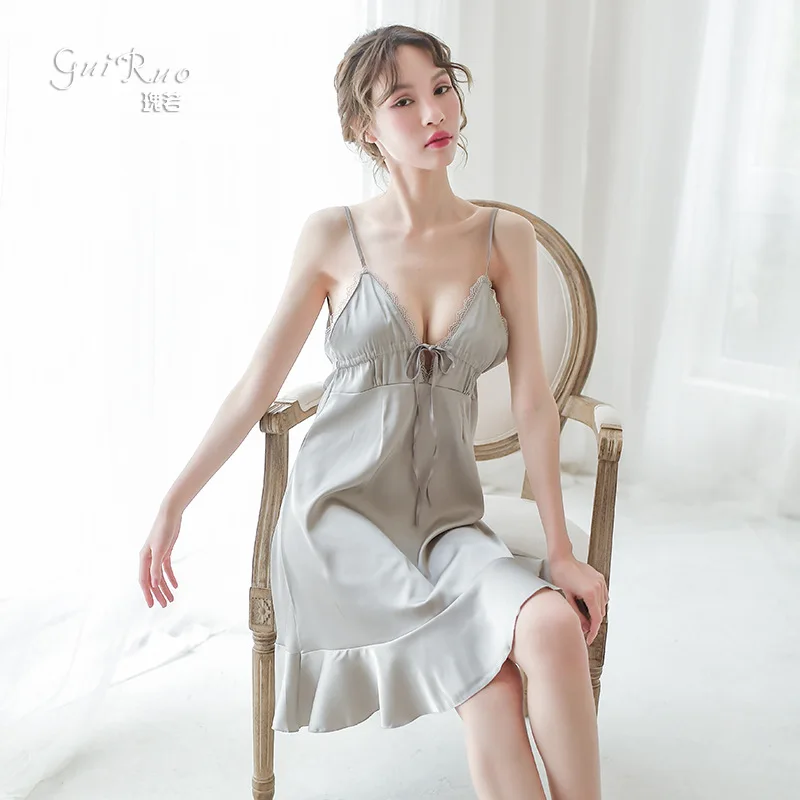 

Специальная цена, новинка, сексуальная пижама, Женская соблазнительная ночная рубашка из ледяного шелка на бретелях, светильник Кая кружев...