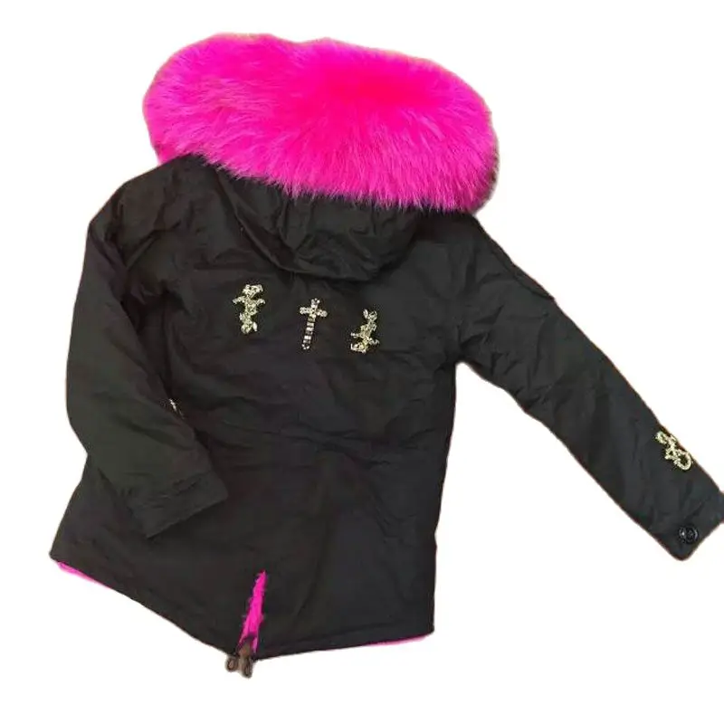 Горячий розовый воротник из натурального енота Зимняя Толстая меховая одежда Mr