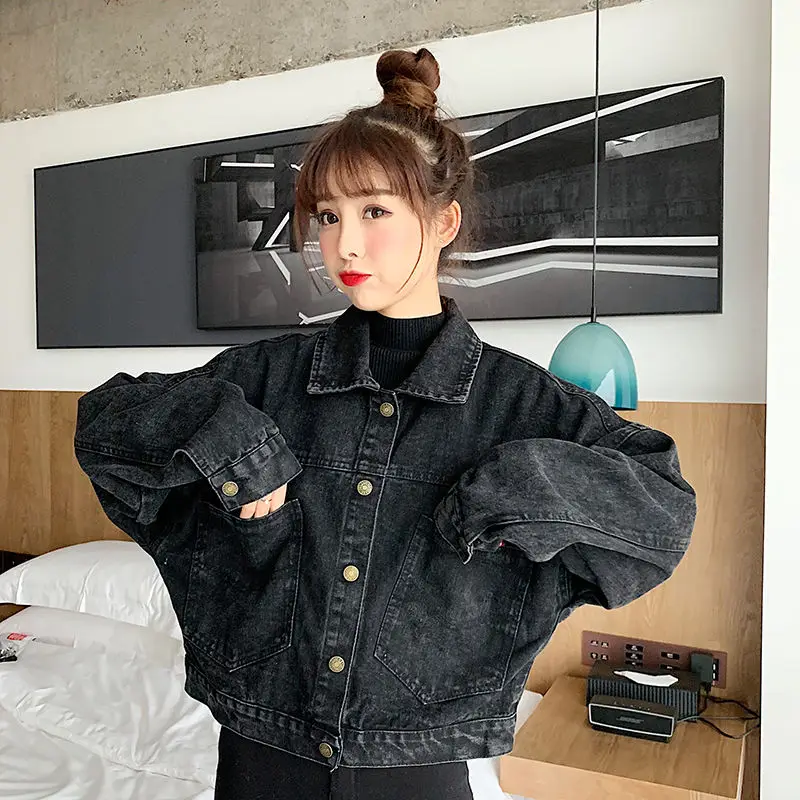 

Hot Sale Short Jackets Black Denim Women Loose Single Breasted Button Pockets Korean Style Chic Retro Harajuku Casual