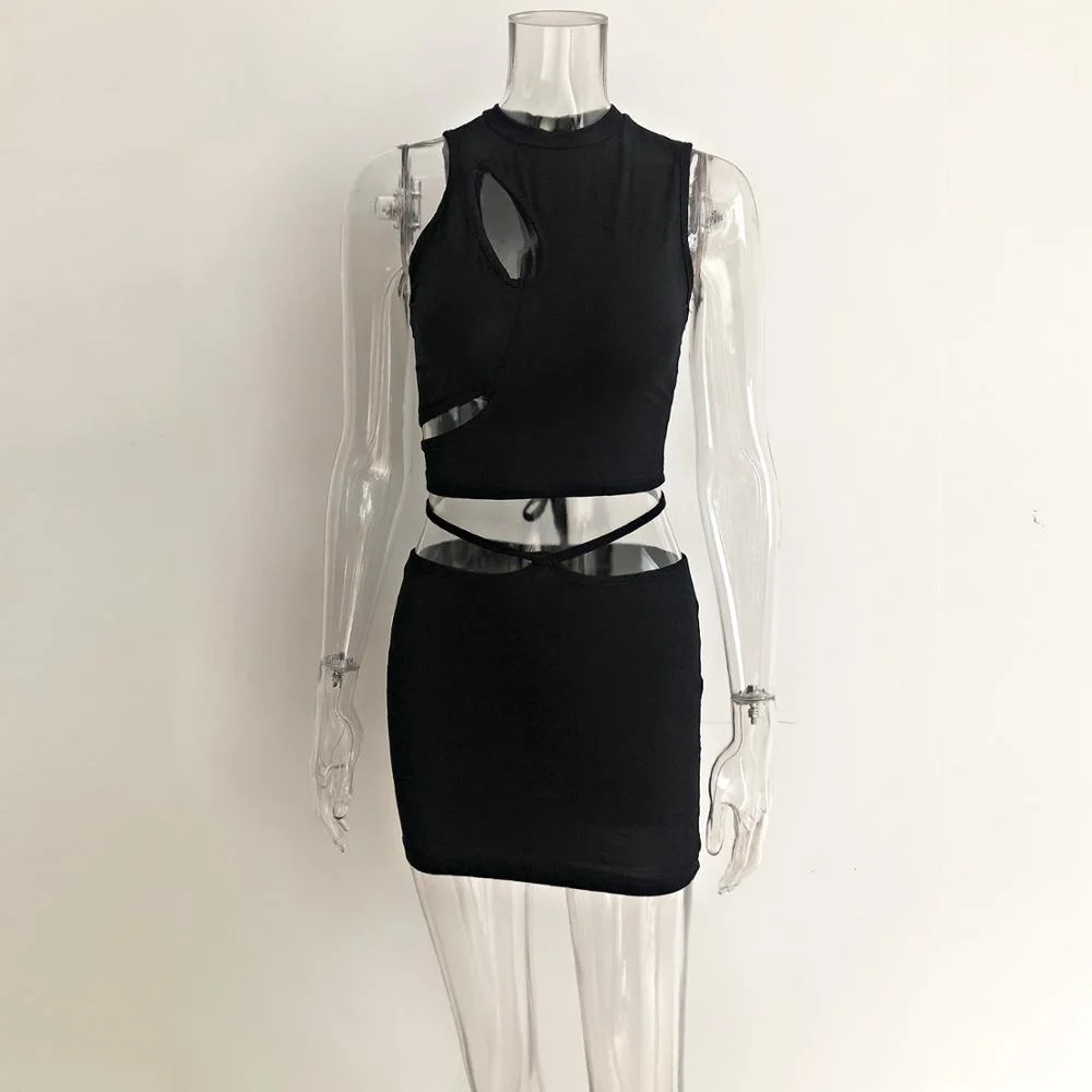 

O-Neck Black Skirts Outfits Solid Lacing Up Dress Fitness Elegant Ladies Party Matching 2 Pieces Set