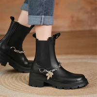 female chelsea boots genuine leather cow shoes genuine leather square heel round toe slip on office leisure women ankle boots
