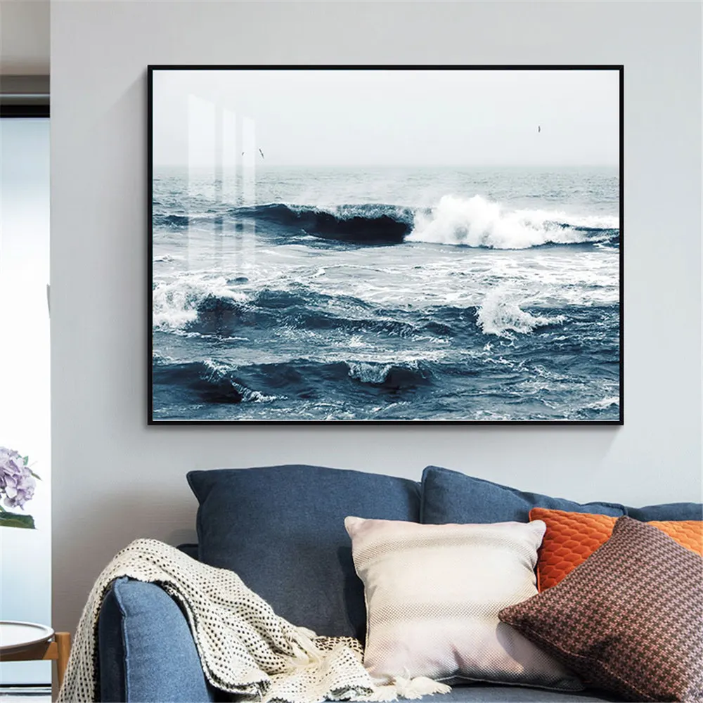 Простой синий океан лодка розовый море картина на стену полотно Краски